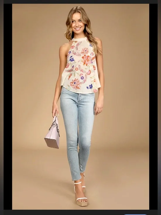 Free People floral Emily Swing Top in Cream and Multicolor - Picture 3 of 7